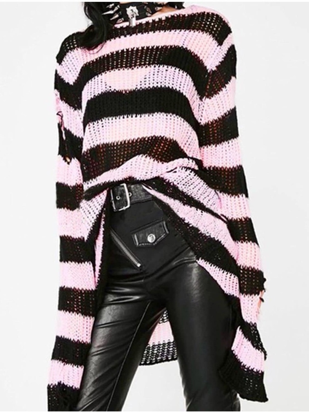 Goth Punk Off-the-Shoulder Striped Open Knit Sweater - Pink & Black